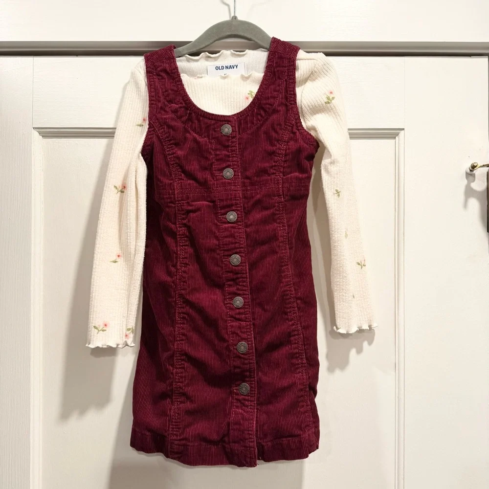 Gap Old‎ Navy Girls Burgundy Corduroy Overall Dress Set XS Jumper Floral Top